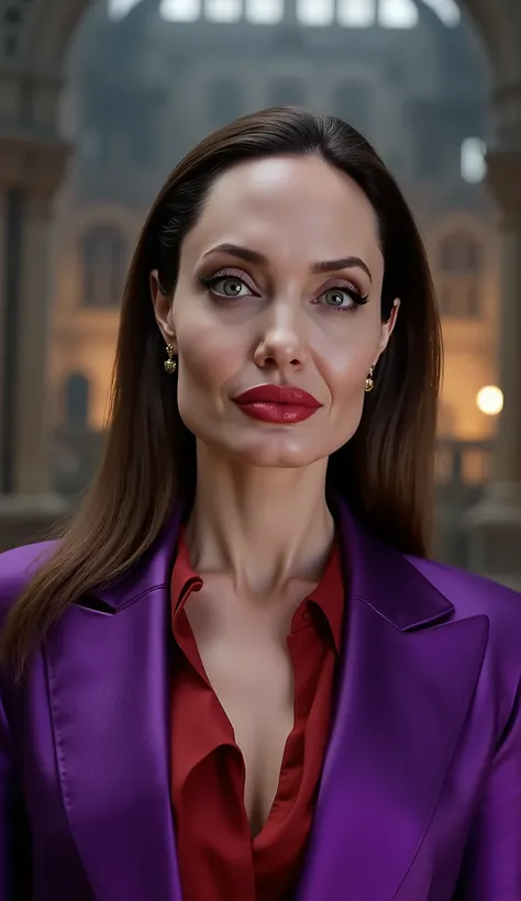 Angelina Jolie com terno ou blazer roxo metalico e camisa vermelha por baixem 64k fundo castle background with glowing lights and mist, cinematic dramatic lighting, ultra detailed, dark fantasy atmosphere.
