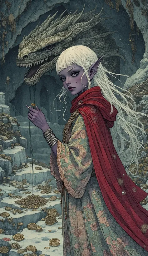 (A fusion of Ukiyo-e and dark fantasy. Aesthetic and gothic digital art. Draw a detailed face. Look away.) BREAK (Transparent white hair. Blunt bangs. White eyebrows. Long white eyelashes. Almond-shaped eyes. Lavender-colored eyes. Thick, dark eyeliner. Sm...