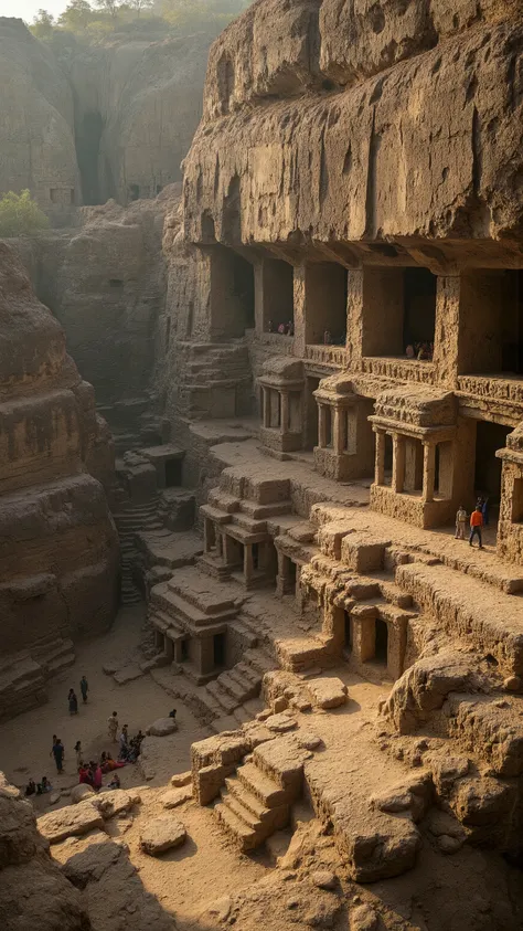 highdefinition image、India、India発祥の3つの宗教の寺院群が1か所に集まる世界でも例をみない遺跡、are the Ellora Caves、 Hinduism、and Buddhism and Jainism、The ruins that cut through the rock、