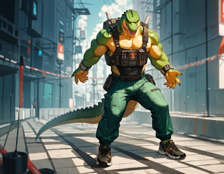 score_9_up, score_8_up, score_7_up, (masterpiece, high detailed), illustration, solo, 1 mature man, crocodile-men hybrid, yellow eyes, green skin , green scales, wearing a black shirt, sport's pants, esportive shoes, a small backpack; urban fantasy tematic...