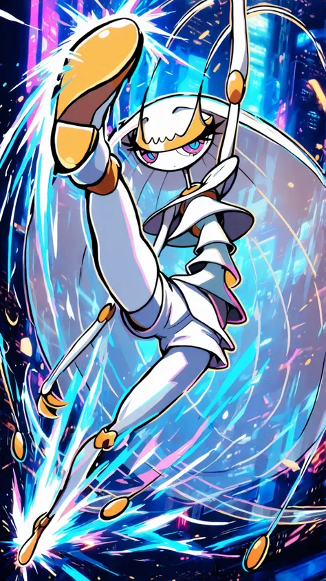 Pheromosa from Pokemon, White Body,Thin Waist, Very Thin Waist, Wasp Waist, Solo,vibrant colors, cel shading, Simplistic Art Style, solo,((round kick:1.3)),side view,(action:1.3),(acrobat:1.3),{cyberpunk background}