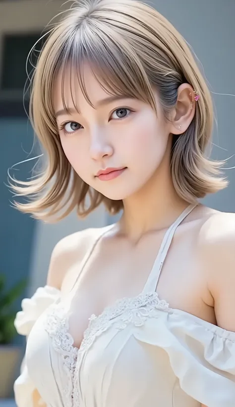 anime style、16 year old girl、Gently Curled Blonde、Gentle Eyes、Elegant smile、white skin like pottery、Flexible Standing Doll、elegant dress、 Lace Embellished 、pearl necklace、detail、masterpiece、Highest Quality、natural makeup、Light Pink Clips、long lashes、gorg...