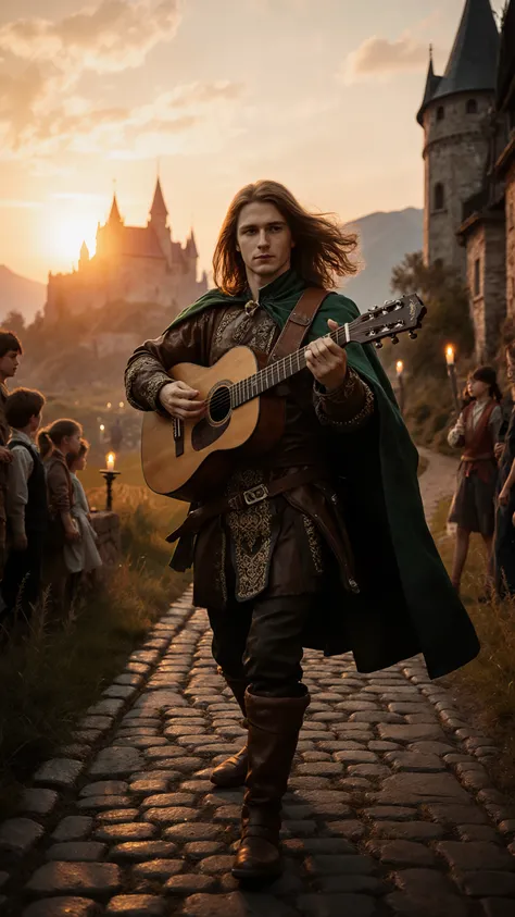 medieval European style bard、(young man、long brown hair、green traveler's cape、Minstrel hat ,Decorative leather costume、old wooden guitar on the shoulder)、graceful finger movements、(while walking:1.2) ,expression that tells a story cinematic lighting、cobble...