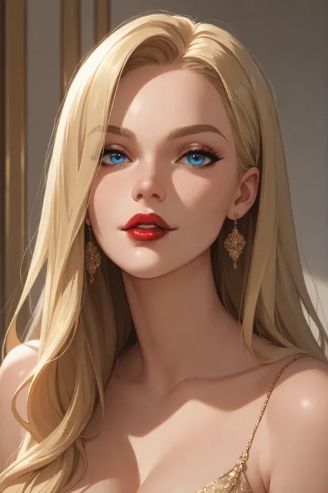 Perfect Face, Blonde Hair, Very Long Smooth Hair, Blond Thin Eyebrows, Blue Eyes, Red Lips, Beautiful Face