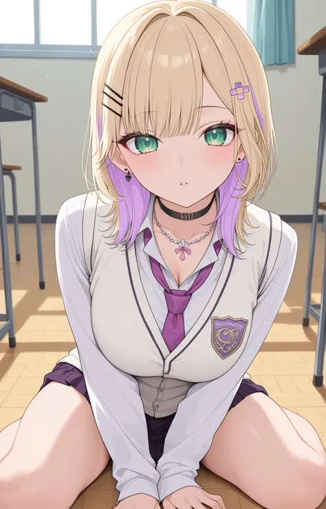 nsfw,Kurumi Noah,medium hair,long bangs, 7:3 parted hairstyle, ,blonde hair, straight hair, hairclip, hair ornament,pink hairclip, green eyes, black choker, necklace, purple necktie, white shirt,white vest,school uniform,clevage,sitting on floor,wariza,sch...