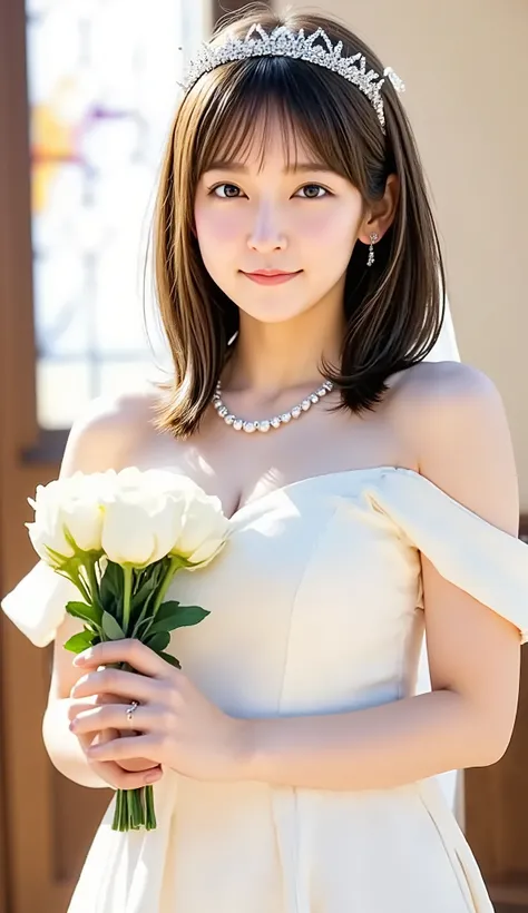 anime style、young woman、Long Wavy Hair、shining eyes、Happy Smile、Clear Skin、Slender Body、pure white prom dress、lace decoration、Tiara、 Pearl necklace 、detailed、masterpiece、best quality、Natural Makeup、pink cheeks、long lashes、Glossy Lips、Chapel、stained glass、n...