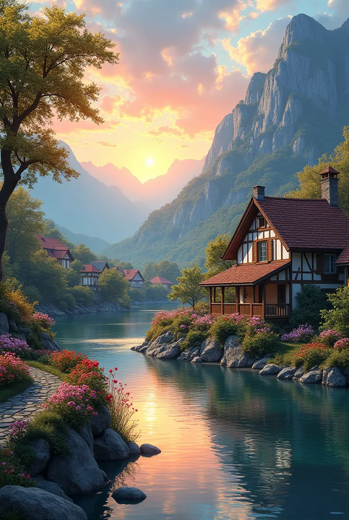 a small village by the river,Background is mountains,Flowers bloom,Brightly colored,Detailed Scenery,Beautiful Natural Scenery,Ambiance Lighting,Burning Sunsets,a warm color palette,utility,utility摄影,Detailed Leaves,Intricate architecture,cobblestone stree...
