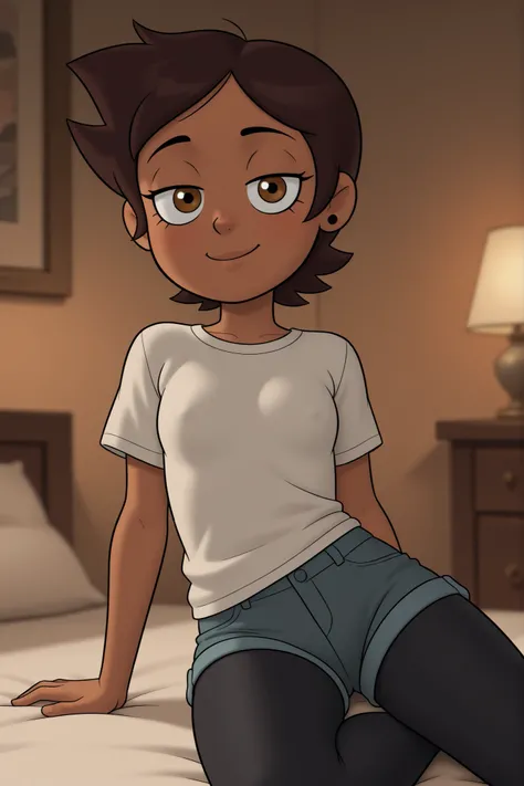 detailed, Luz curved gracefully on the bed, The look from under the half-lowered eyelashes is full of desire, disheveled brown hair, dark skin glows in the warm light, clothes in an artistic mess: lowered sweatshirt, tight t-shirts, unbuttoned shorts, blac...