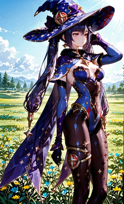 Mona Megistus from Genshin Impact, anime-style, slender figure, fair smooth skin with subtle pinkish tone, long dark indigo twin-tail hair tied with star-shaped accessories, same-colored indigo eyes glowing faintly, wearing her signature astrologer outfit — tight dark bodysuit with purple and navy tones, golden star patterns, flowing cape with a starry gradient, high sorceress hat with golden edges and red ribbon, thigh-high boots, elegant gloves, detailed magical ornaments, standing in a lush green meadow with wildflowers and soft sunlight, gentle breeze moving her hair and cape, high-quality rendering, intricate textures, glossy fabric finish, vibrant fantasy atmosphere
