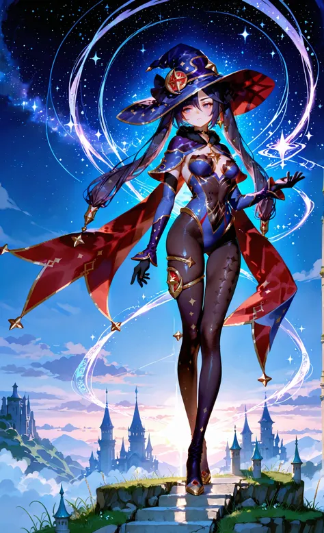 Mona Megistus from Genshin Impact, anime-style, slender figure, fair smooth skin with subtle pinkish tone, long dark indigo twin-tail hair tied with star-shaped accessories, same-colored indigo eyes glowing faintly, wearing her signature astrologer outfit — tight dark bodysuit with purple and navy tones, golden star patterns, flowing cape with a starry gradient, high sorceress hat with golden edges and red ribbon, thigh-high boots, elegant gloves, detailed magical ornaments, standing in an open-world fantasy game environment with rolling hills, distant castles, and glowing magical runes, dynamic lighting highlighting her figure, high-quality rendering, intricate textures, glossy fabric finish, immersive adventure atmosphere
