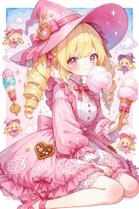 novuschroma65 style watercolor, Lovely_Chu, Super Quality, Semi-Real Painting Style, Dessert Witch, Pink Witch Hat, twin drill, Blond hair, Sweets Pattern Dresses, Ice Cream Wand, Sugar Lace Decor, Magic Donuts, Cookie Floating, Cotton Candy Cloud, Glitter Effect, Sweet Scented, crouching, happy, wariza, chibi-style, chibi-style anime illustration