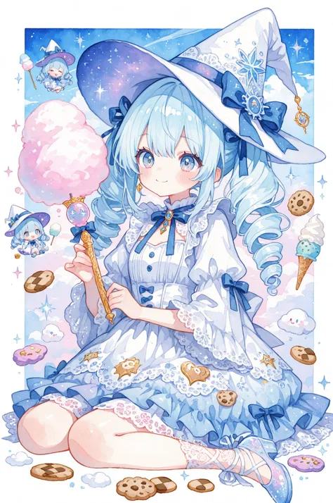 novuschroma65 style watercolor, Lovely_Chu, Super Quality, Semi-Real Painting Style, Dessert Witch, White Witch Hat, twin drill, sky blue hair, Sweets Pattern Dresses, Ice Cream Wand, Sugar Lace Decor, Magic Donuts, Cookie Floating, Cotton Candy Cloud, Glitter Effect, Sweet Scented, crouching, happy, wariza, chibi-style, chibi-style anime illustration