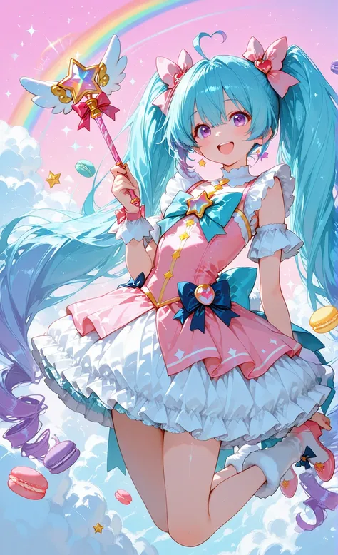 คุณภาพสูง, งานศิลป์ชั้นเยี่ยม, ความละเอียดสูง, 1 magical girl, riding flying macaron, rainbow trail, candy star wand, pastel sky background, fluffy cream clouds, detailed pastry textures, magical sparkles, kawaii style, happy expression