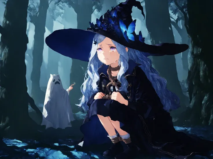 Saryu(NieR_Reincarnation), 1girl, solo, long hair, grey hair, hair ornament, purple eyes, witch, witch hat, long sleeves, coat, blue hair, blue butterfly, on her knees, crying.in a dark forest, a large bedsheet ghost with a rope tied around its neck lookin...