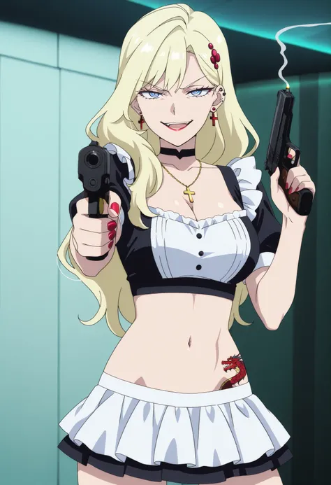 masterpiece, best quality, amazing quality,1girl, solo, BREAK
phaedr4, long hair,blonde hair, hair ornament,blue eyes, 
nail polish, ,ear piercing, long hair, , lipstick,Hot girl, baddie, smoking, sensual, attractive cross necklace, choker,,jewelry, earrin...