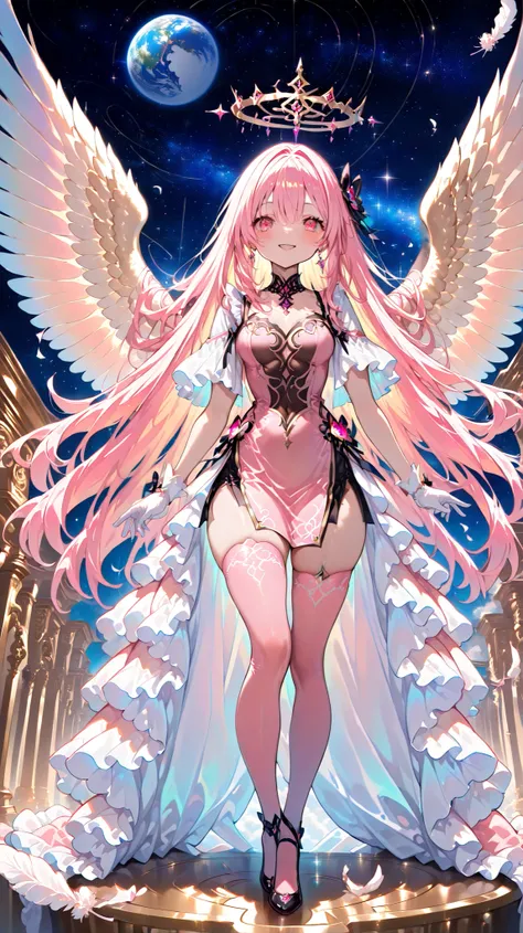 Madoka Kaname \(Puella Magi Madoka\) a girl with large wings flying over a planet with feathers flying around it. the image also shows a solo, full-body view, A young, enchanting witch with an innocent smile and big, expressive eyes, standing in the middle...