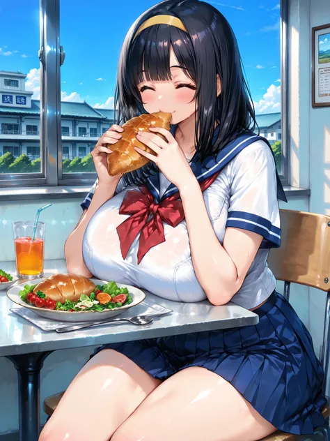 ((masterpiece:1.4, best quality)), ((masterpiece, best quality)),1girl,bishoujo,age girl,,medium hair,straight hair,black hair,blunt bangs, swept bangs,long sideburns,brown eyes,tareme,beautiful eyes,(long eyelashes),Curvy,Plump,bbw,huge breasts,huge hip,t...