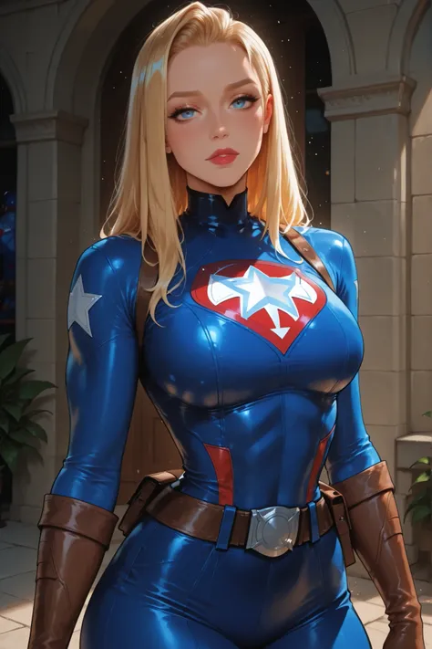 A beautiful woman in the uniform of "Captain America"