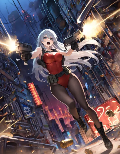 masterpiece, best quality, high resolution, absurdres, 1girl, 28-29 years old, 167cm tall, beautiful, detailed face, standard breasts, ideal anatomy, ideal hands,
BREAK
aquamarine hair, long hair, grey eyes,
(black bodysuit: 0.9) (red leotard, full-length ...