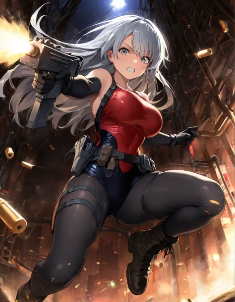 masterpiece, best quality, high resolution, absurdres, 1girl, 28-29 years old, 167cm tall, beautiful, detailed face, standard breasts, ideal anatomy, ideal hands,
BREAK
aquamarine hair, long hair, grey eyes,
(black bodysuit: 0.9) (red leotard, full-length ...