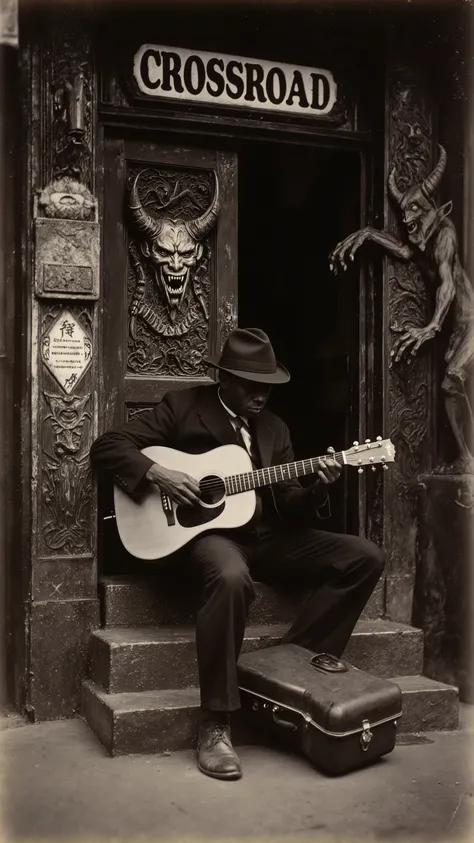 bluesy art images,20-30 years old,Black man playing acoustic guitar,looking at viewer,wearing a hat,hat that makes my feet invisible、(A door with devilish decorations,The deamon face and hands grab black man through the door)、1 Guitar case at your feet,In ...