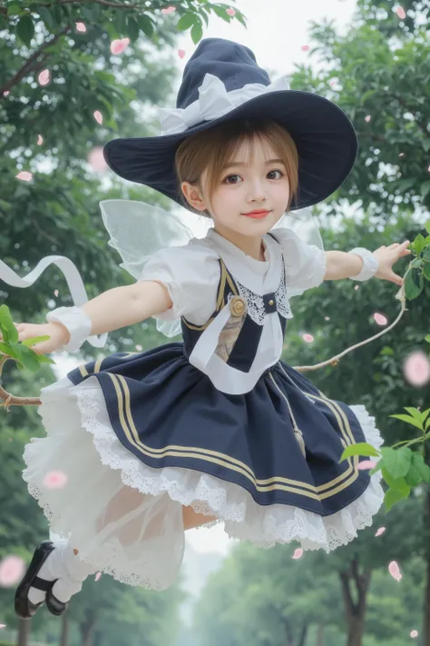 cute witch girl flying over the woods on a broom, 4K, HDR, Realistic, Precise and detailed, professional illustration, Magical Vibes, Magical Gloss, natural background, tree々の間からこぼれるtree漏れ日, Faintly shining broom, smiling expression, big eyes, Delicate Fea...