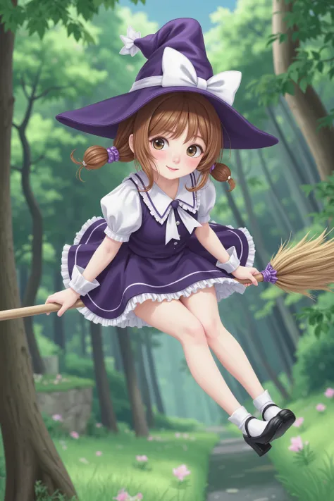 cute witch girl flying over the woods on a broom, 4K, HDR, Realistic, Precise and detailed, professional illustration, Magical Vibes, Magical Gloss, natural background, tree々の間からこぼれるtree漏れ日, Faintly shining broom, smiling expression, big eyes, Delicate Fea...