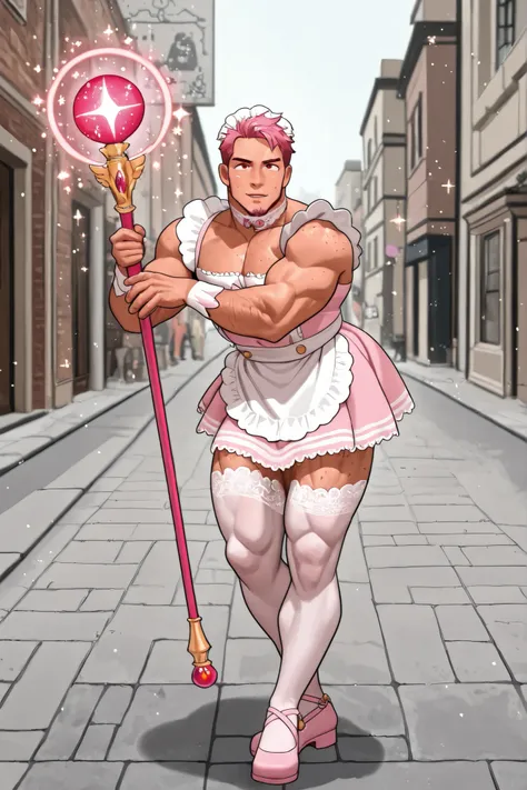 Muscular man,old man,1 man,pale skin,short hair,pink hair,freckled face,freckled shoulders,pink stubble beard,red eyes,light pink and white cute maid dress, white lace thigh highs,light pink shoes,cute accessories,only 1 man,only male,cute pose,street,pink...