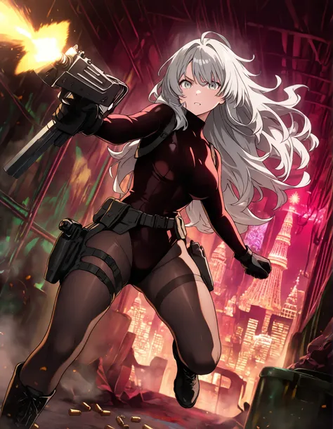 masterpiece, best quality, high resolution, absurdres, 1girl, 28-29 years old, 167cm tall, beautiful, detailed face, standard breasts, ideal anatomy, ideal hands,
BREAK
aquamarine hair, long hair, grey eyes,
(black bodysuit: 0.9) (red leotard, full-length ...