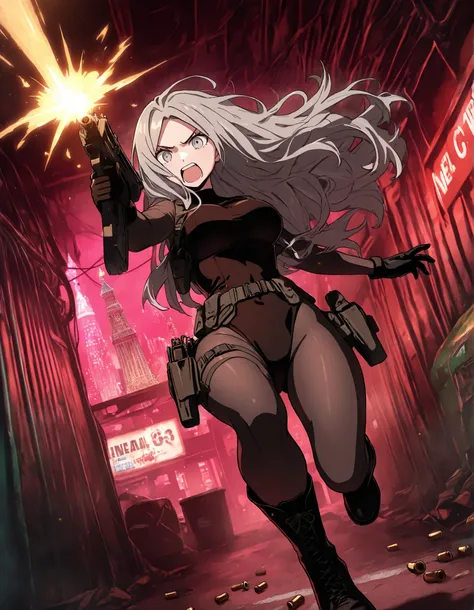 masterpiece, best quality, high resolution, absurdres, 1girl, 28-29 years old, 167cm tall, beautiful, detailed face, standard breasts, ideal anatomy, ideal hands,
BREAK
aquamarine hair, long hair, grey eyes,
(black bodysuit: 0.9) (red leotard:1.4, full-len...