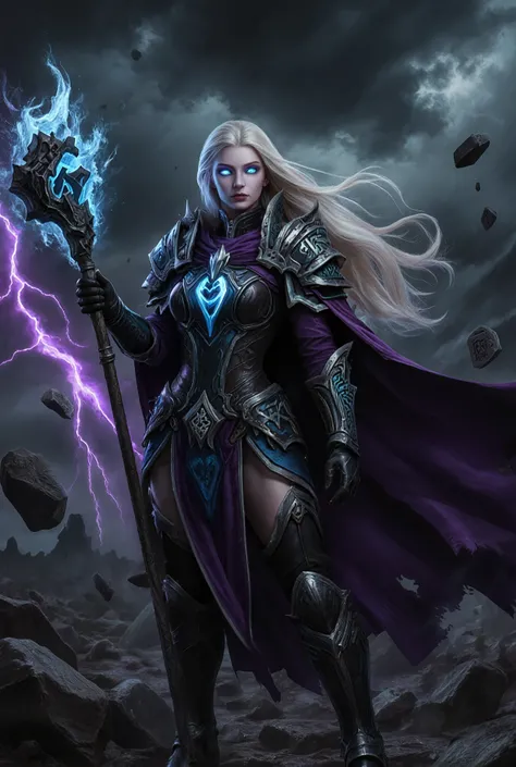 Jaina Proudmoore from Warcraft in a dark arcane style. She has long flowing silver-blonde hair glowing faintly in the shadows, piercing eyes that radiate cold blue energy, and wears a corrupted version of her mage armor with black, purple, and dark blue to...