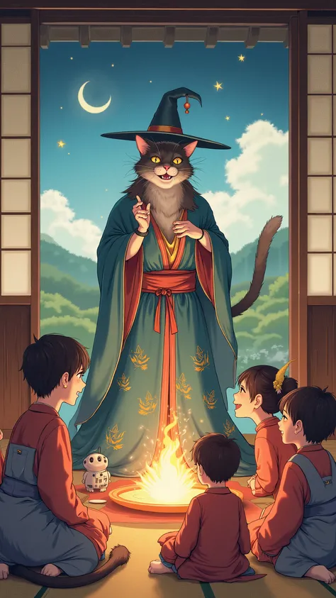 highdefinition image、 Ukiyo-e、cat 魔法の先生teaches magic at Terakoya、Human children are also overjoyed、
