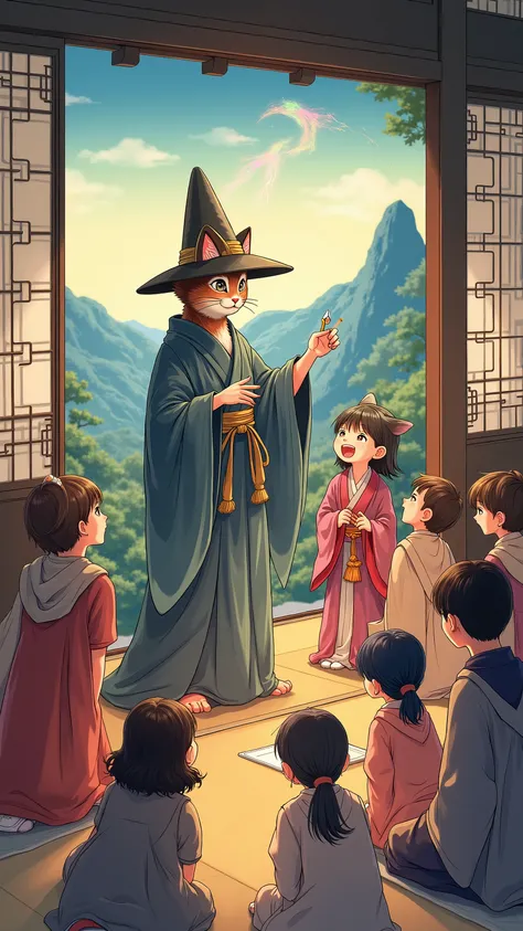 highdefinition image、 Ukiyo-e、cat 魔法の先生teaches magic at Terakoya、Human children are also overjoyed、