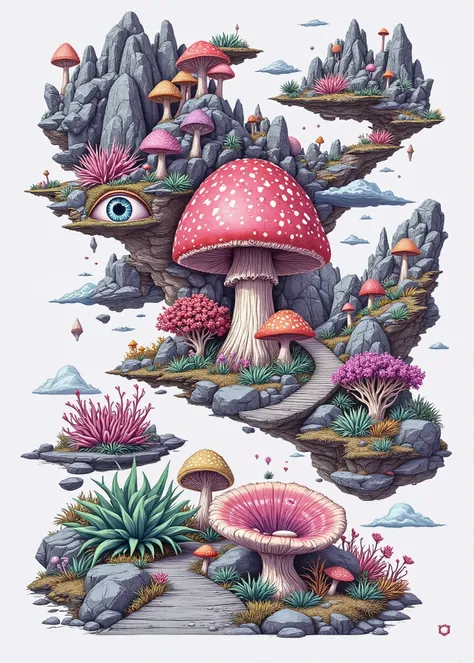 (the best quality)), ((masterpiece)), (detailed), ((Detailed illustration)), Design for t-shirt, chopped view, a path surrounded by rocks, various kinds of giant fungi and giant human eyes (giant mushrooms and giant human eyes between rocks), (the rocks ar...