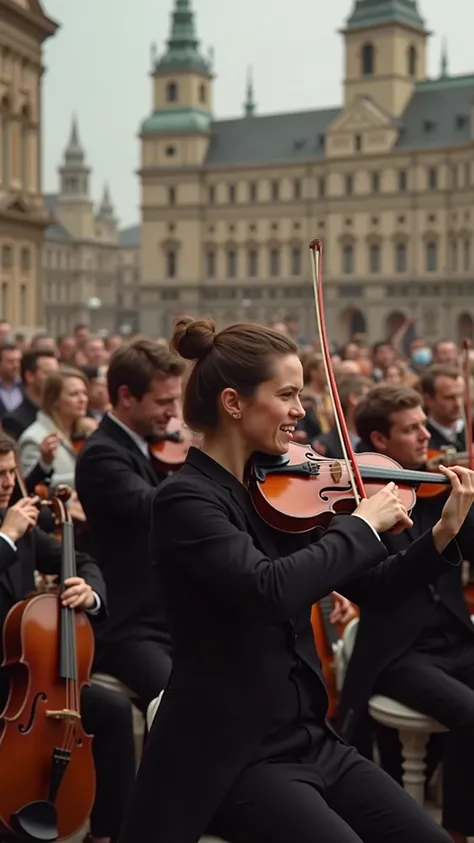 In high-definition video、and the members of the orchestra perform flash mobs、when they gather in Vienna's central square, the audience overflows、violin、trumpet、saxophone、They all have、play Symphony No. 9、with a smile and a fun flash mob unfolds