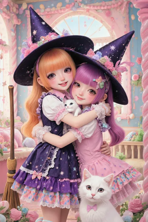 2 girl,hug,decora,Cute little witch girl,smile,cute pose,holding a witch's broom,with white little cat,in Candy House,indoor,artist photoshoot,fashion portrait,