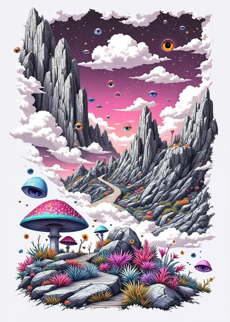 (the best quality)), ((masterpiece)), (detailed), ((Detailed illustration)), Design for t-shirt, chopped view, a path surrounded by rocks, various kinds of giant fungi and giant human eyes (giant mushrooms and giant human eyes between rocks), (the rocks ar...