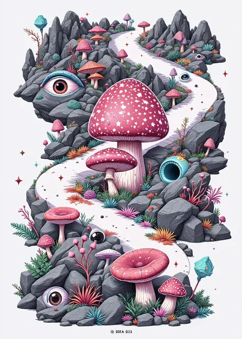 (the best quality)), ((masterpiece)), (detailed), ((Detailed illustration)), Design for t-shirt, chopped view, a path surrounded by rocks, various kinds of giant fungi and giant human eyes (giant mushrooms and giant human eyes between rocks), (the rocks ar...