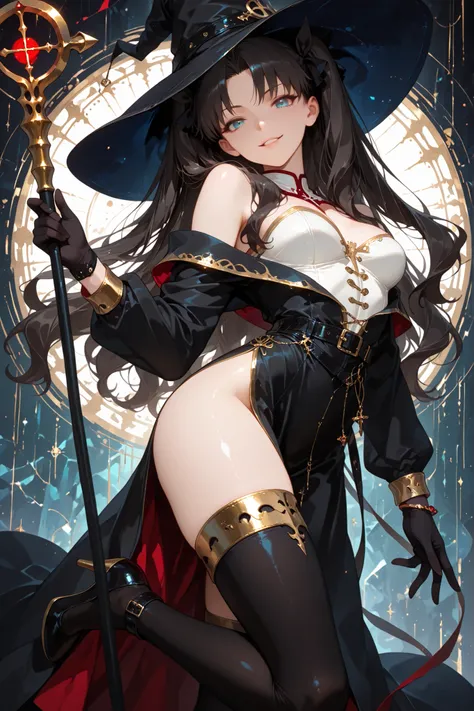 1girl, Tohsaka Rin, black hair, long hair, blue eyes, two side up, bangs, hair ribbon, parted bangs, medium breasts, black hair ribbon, bare shoulders, black belts, black dress, black gloves, off shoulder dress, high heels, long sleeves, side slit, witch h...