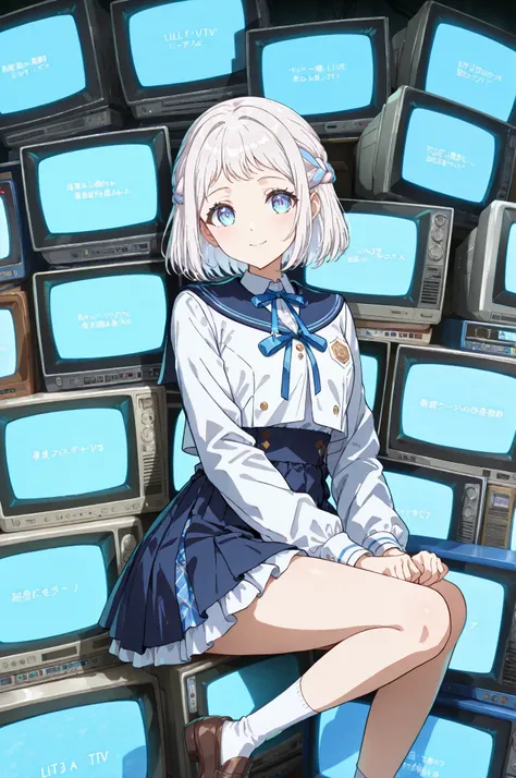 High Quality　greatest masterpiece　detailed description　Accurate Hand Depiction　1 girl　Voluminous Lashes　staring at me　loves feminine　lip gloss for thighs　(1girl, katsuragi lilja,blue eyes,white hair,short hair,braid,school uniform,sailor collar,neck ribbon...