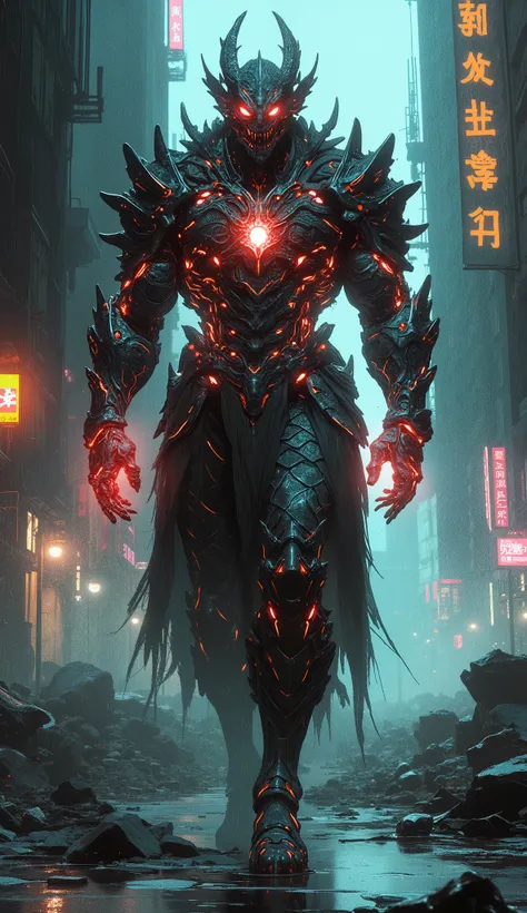 (cinematic photography, masterpiece, ultra-detailed, 8k, hyper-realistic, sharp focus, professional color grading), a formidable warrior encased in advanced biomechanical armor, a fusion of bio-organic material and nanotechnology inspired by a black obsidi...