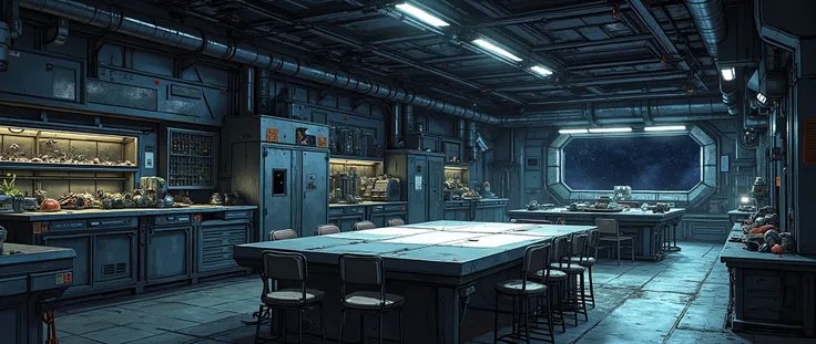 [[Background for anime]] A masterpiece, a modern anime background inspired by 'Blame' and 'Vampire Hunter D Bloodlust'. A communal kitchen on a spaceship, spacious and spacious, with metal floors and high ceilings. The environment is enclosed, with only on...