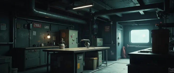 [[Background for anime]] A masterpiece, modern anime background inspired by 'Blame' and 'Vampire Hunter D Bloodlust'. A communal kitchen of a spaceship, spacious and spacious, with a metal floor. [[Low angle]] The environment is closed, with only one windo...