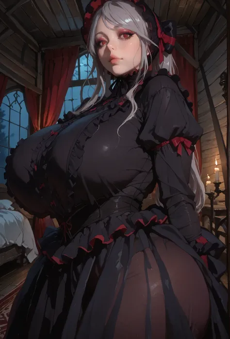 medieval_brothel, (dim light:1.4), bedroom, canopy bed, wooden floor, wooden wall, candle, night, red curtains, carpet, window, ,black dress, bonnet, bow, dress, frilled dress, frills, large bow, long sleeves, vampire,,shalltear, grey hair, long hair, red ...
