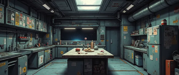 [[Background for anime]] A masterpiece, modern anime background inspired by 'Blame' and 'Vampire Hunter D Bloodlust'. A communal kitchen of a spaceship, spacious and spacious, with a metal floor. [[Low angle]] The environment is closed, with only one windo...