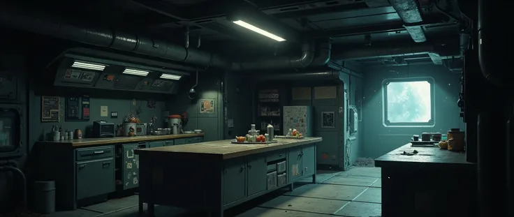 [[Background for anime]] A masterpiece, modern anime background inspired by 'Blame' and 'Vampire Hunter D Bloodlust'. A communal kitchen of a spaceship, spacious and spacious, with a metal floor. [[Low angle]] The environment is closed, with only one windo...