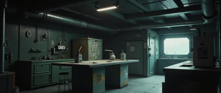 [[Background for anime]] A masterpiece, modern anime background inspired by 'Blame' and 'Vampire Hunter D Bloodlust'. A communal kitchen of a spaceship, spacious and spacious, with a metal floor. [[Low angle]] The environment is closed, with only one windo...