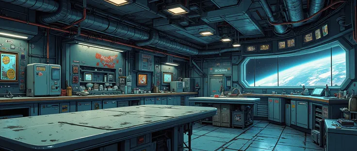 [[Background for anime]] A masterpiece, a modern anime background inspired by 'Blame' and 'Vampire Hunter D Bloodlust'. A communal kitchen on a spaceship, spacious and spacious, with a metal floor. [[Low angle]] The environment is closed, with only one win...
