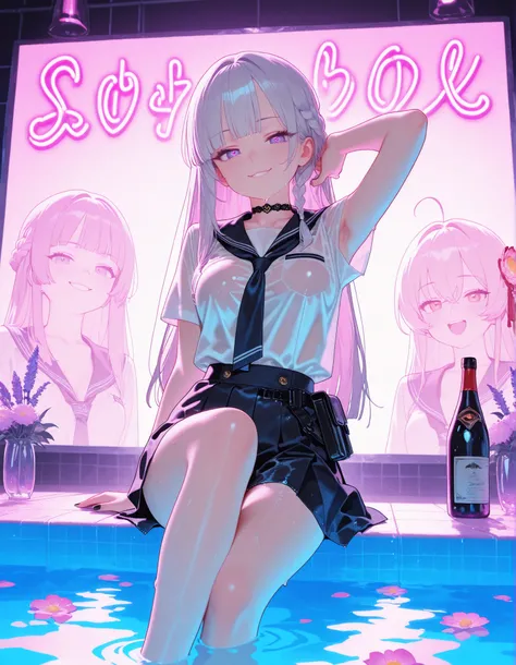 1girl, jitome(0.5), lavender eye, white braid hair, blunt bangs, hime cut, Medium Breast, noble lady, armpit, melting clothes, celebrities, flower pattern, Choker, black nail polish, masterpiece, best quality, Perfect details, perfect composition, Perfect ...