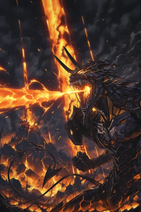 angry,(very detailed:1.2, Masterpiece:1.2, PREMIUM QUALITY:1.2, high resolution on the coast:1.2), 1demon, demon, demon horn, demon wing, demon tail, lava demon, lava body, fangs, burning forest, volcano, lava, black smoke, smoke, eye trail, roaring, shout...